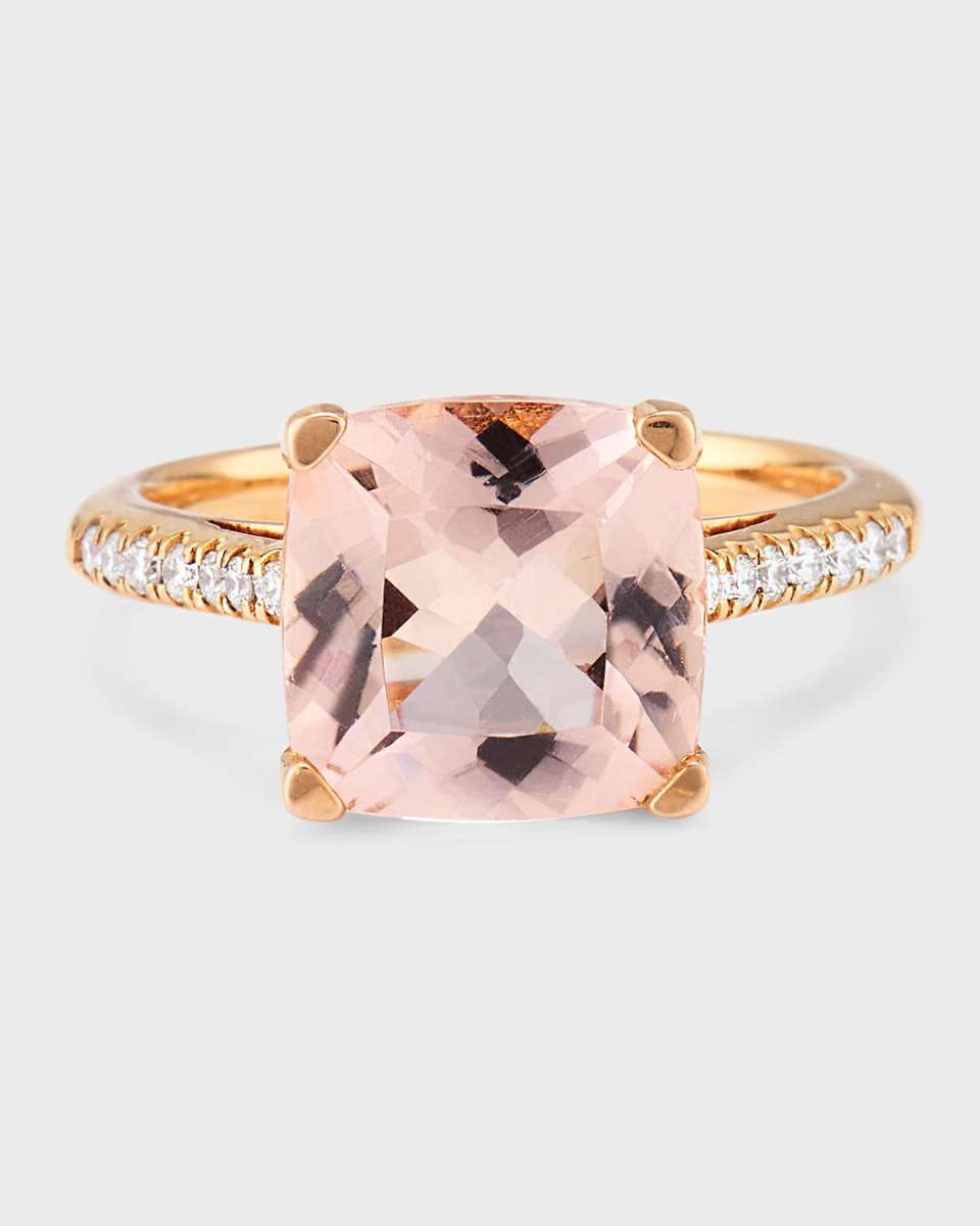 Rocks 18K Rose Gold Cushion Cut Morganite and Pave Diamond Cocktail Ring, Size 6